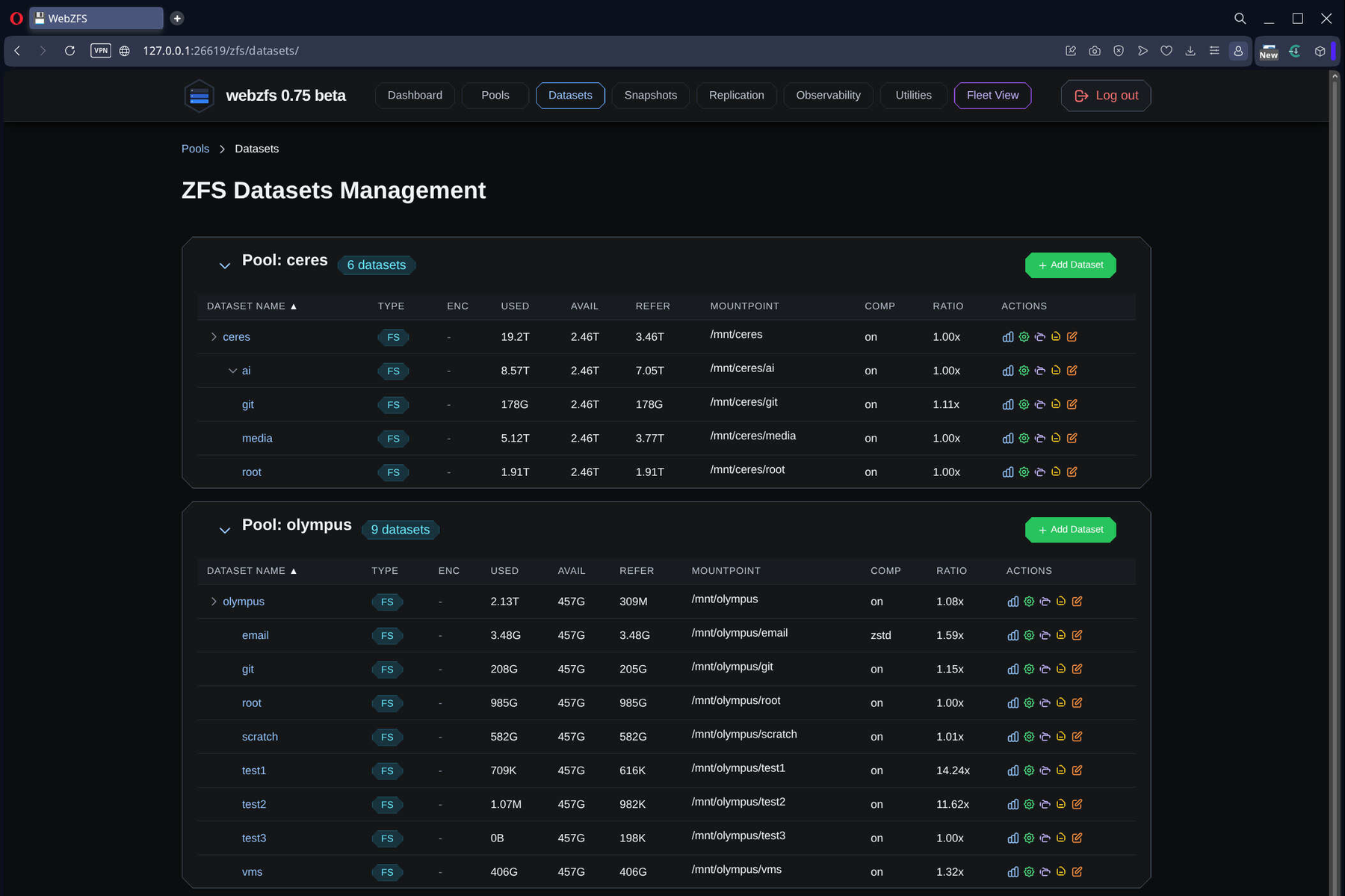 WebZFS Dataset Management