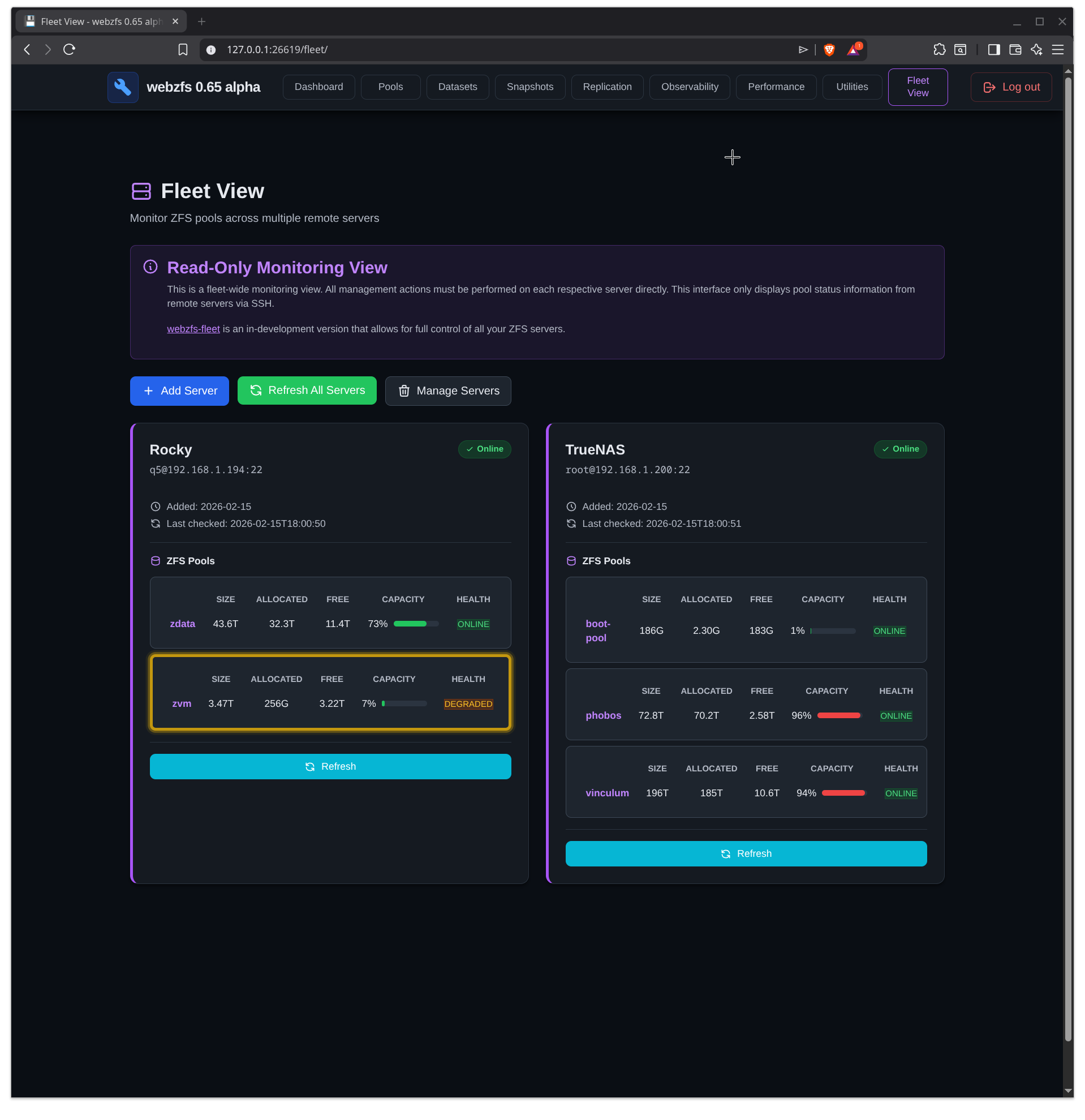 WebZFS Fleet View