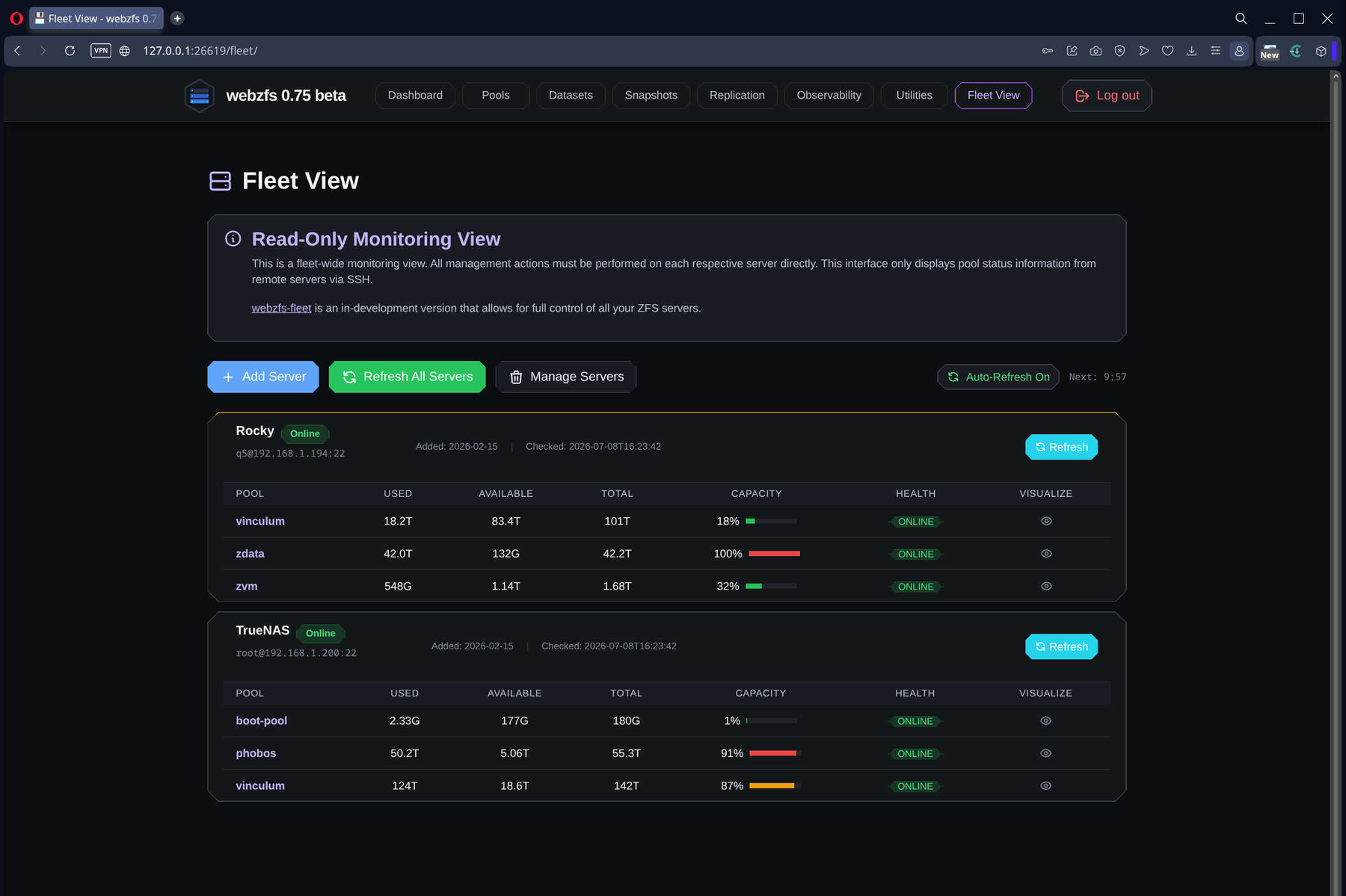 WebZFS Fleet View