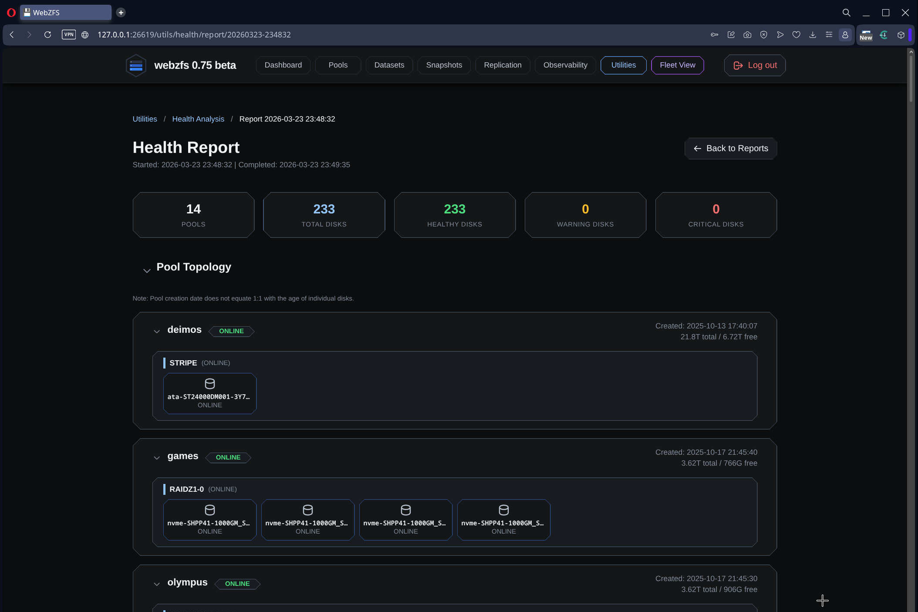 WebZFS Health Report