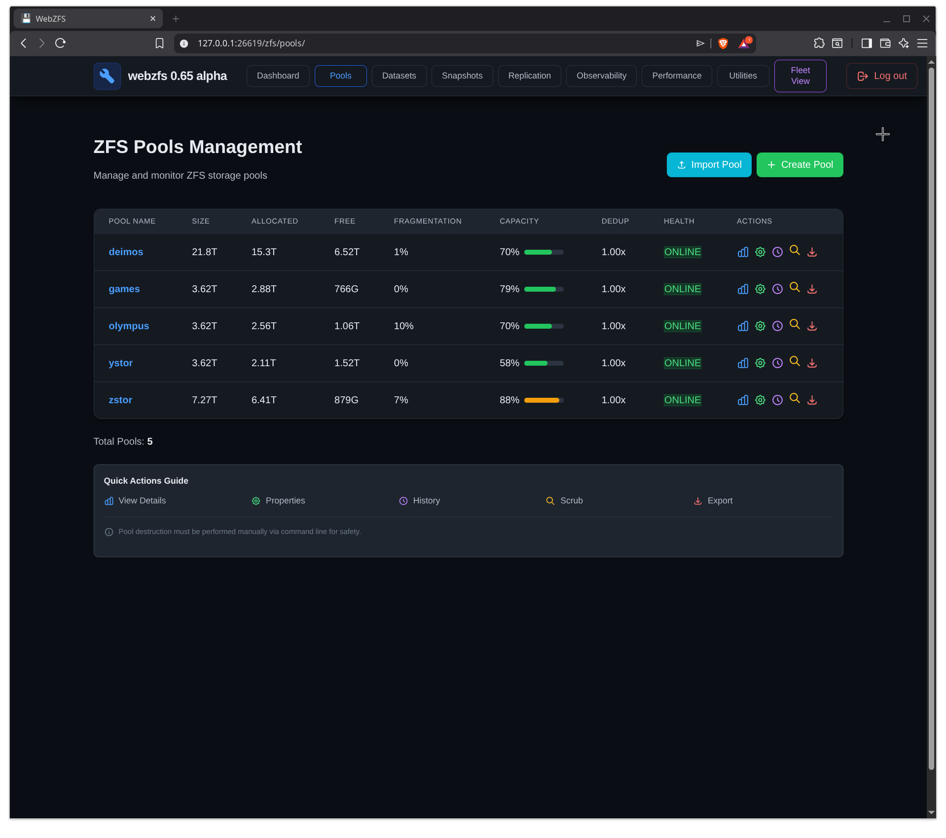WebZFS Pool Management