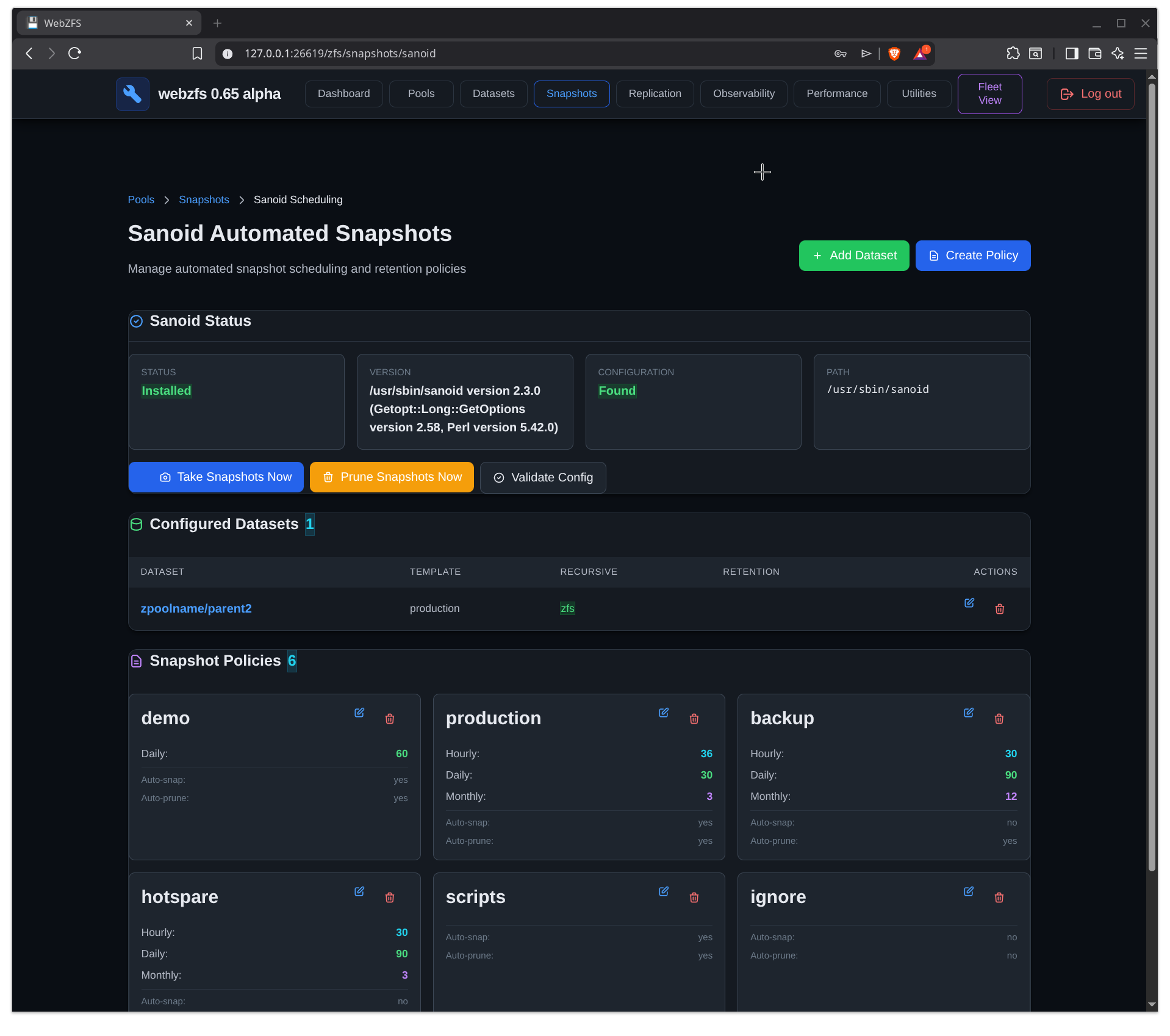 WebZFS Sanoid Integration