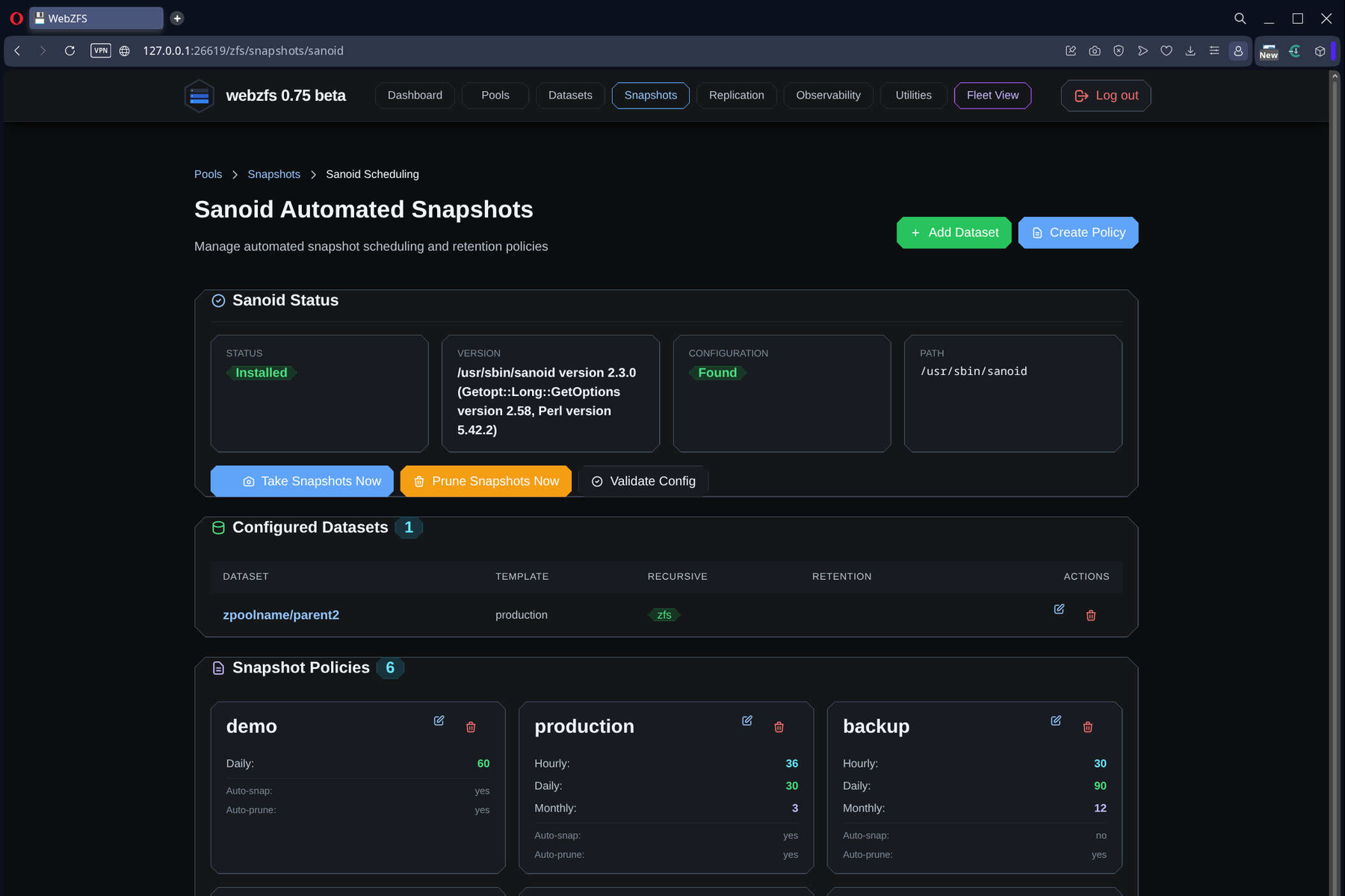 WebZFS Sanoid Integration
