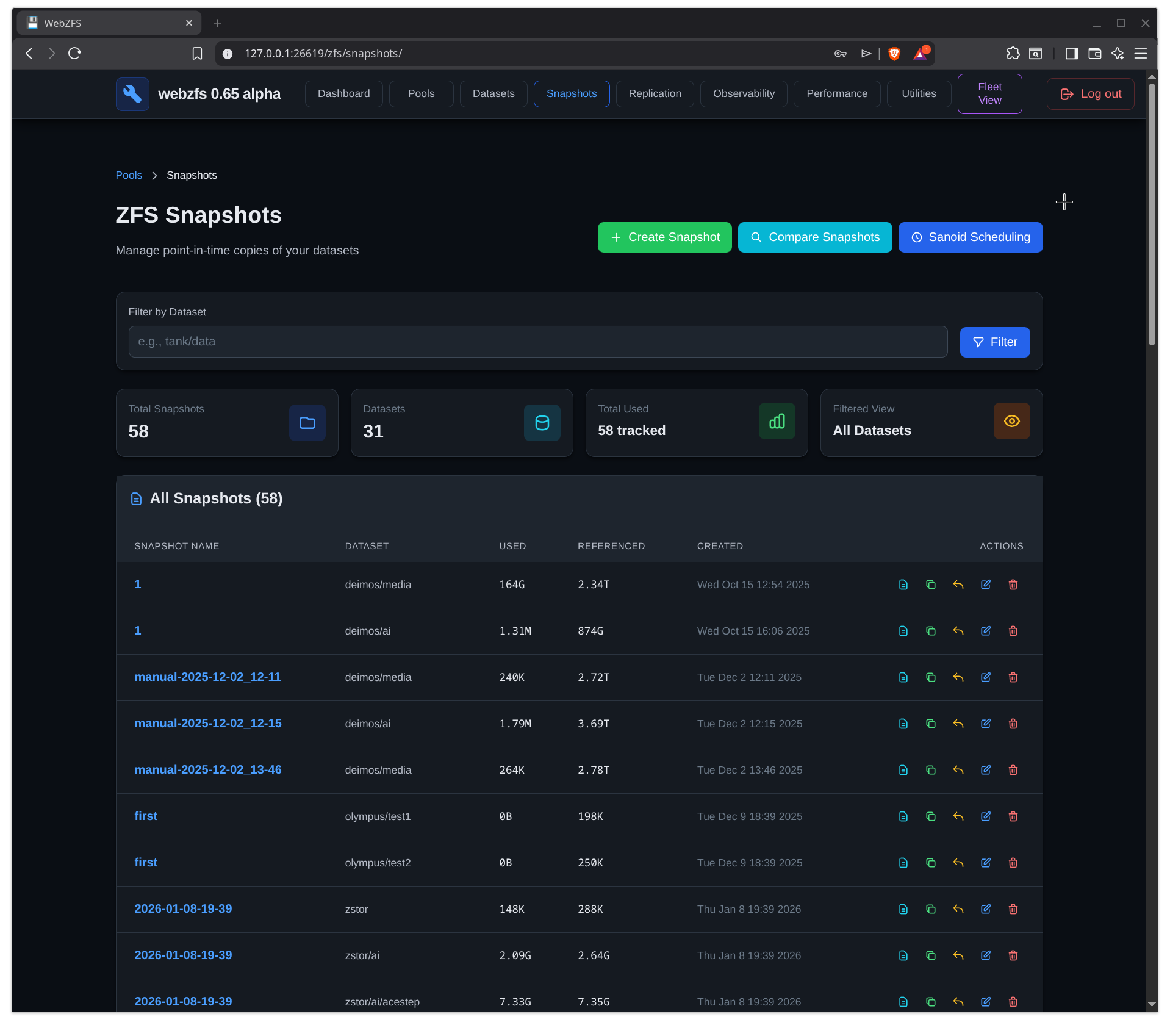 WebZFS Snapshot Management