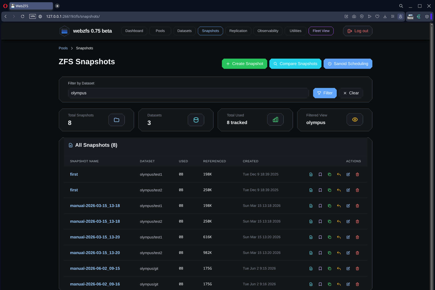 WebZFS Snapshot Management