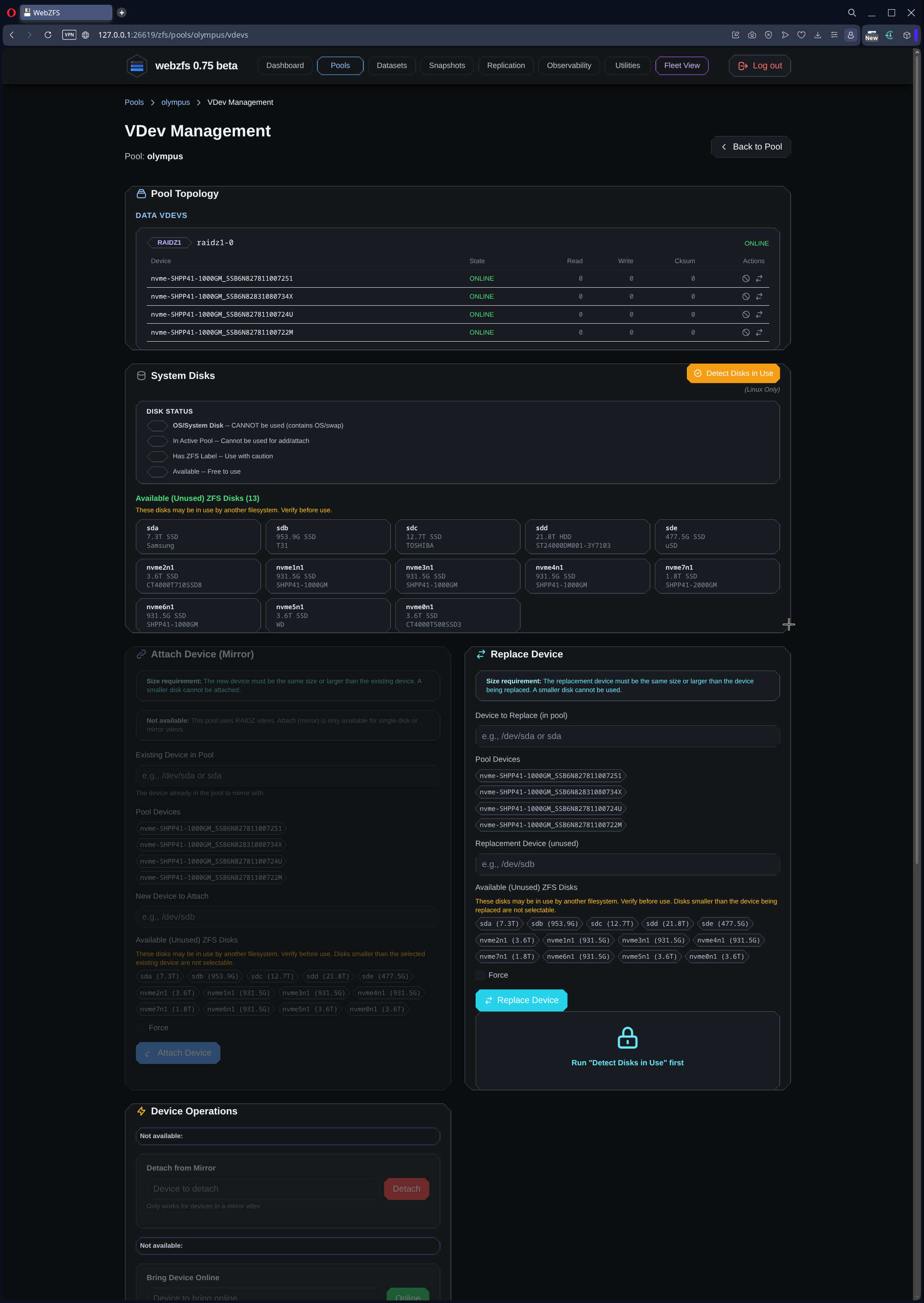 WebZFS vdev Management